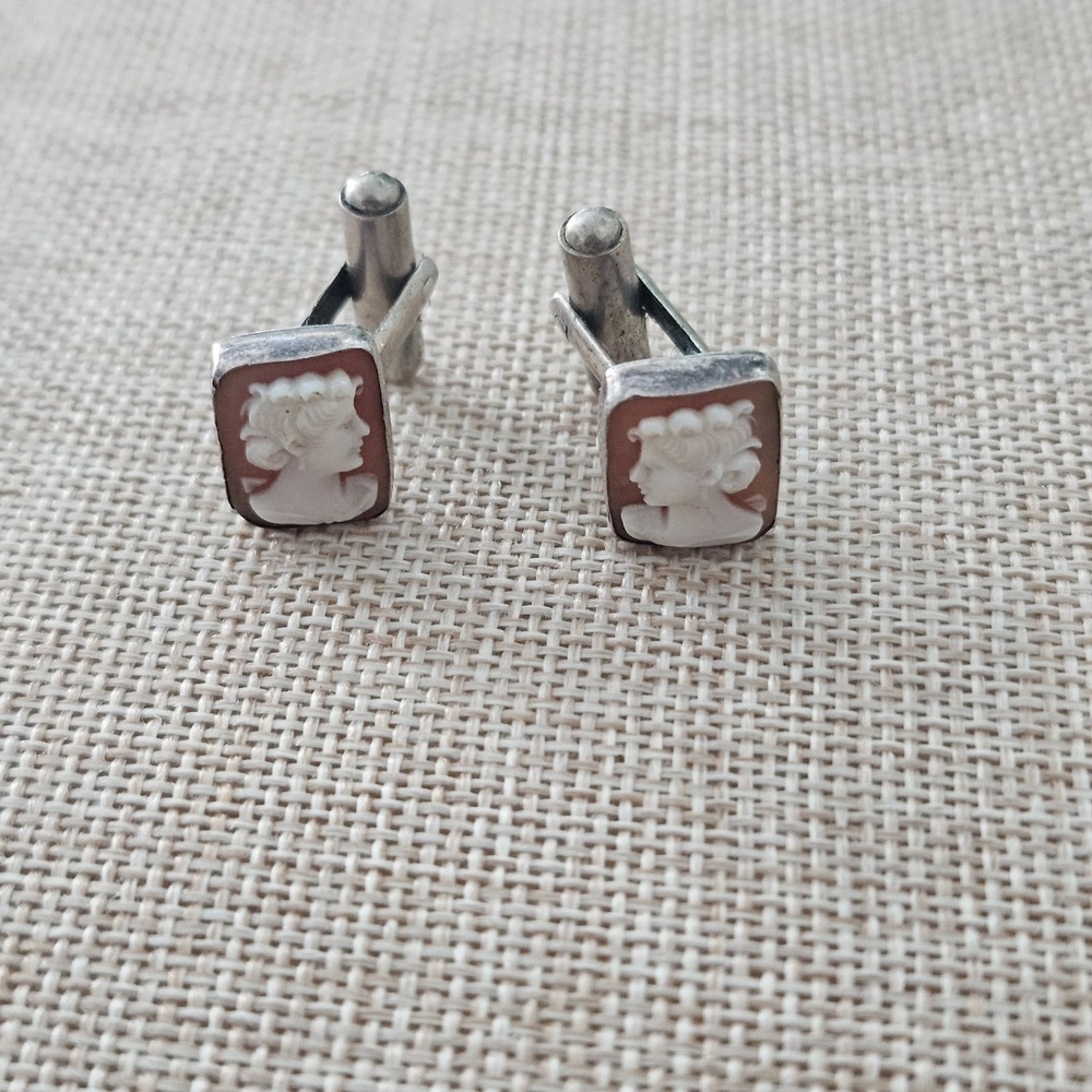 Carved Stone/Shell Top Cufflinks Vintage Sterling Silver